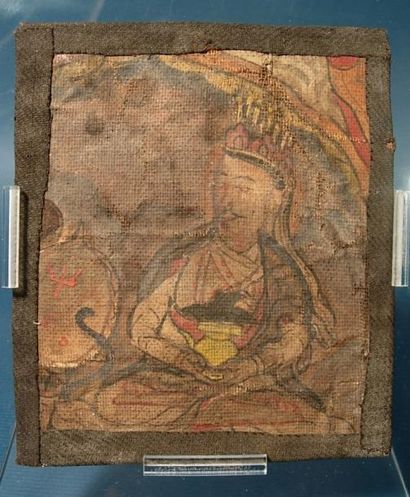 TIBET, NEPAL Fragment de tanka représentant un fidèle. Tibet, XVIIIe s. H: 11 cm