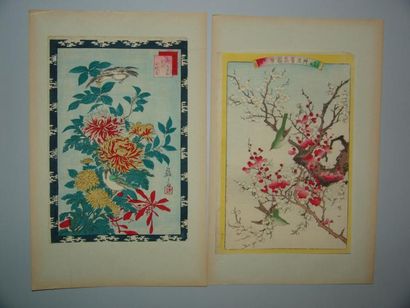 null Deux estampes de Ruisai, cerisier en fleur et branche de chrysanthème. Vers...