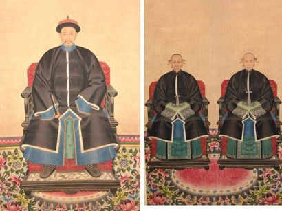 null Deux peintures sur papier représentant un dignitaire et deux femmes en habit...