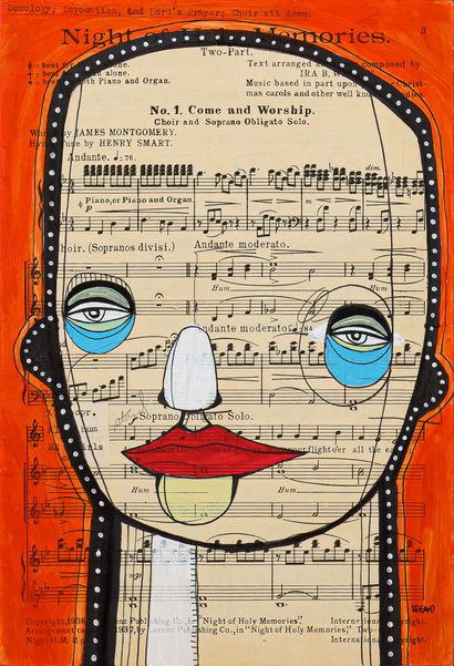 KEEMO Untitled / Mixed media on music score page / Signed lower right / 26 x 17.5...