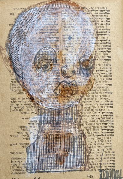 BOU Irène Untitled / Mixed media on book page / Signed lower right / 13 x 9 cm