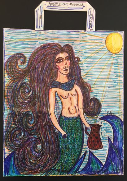 BESSIN Catherine Mermaid with fish and jug / Mixed media on paper bag / Signed lower...