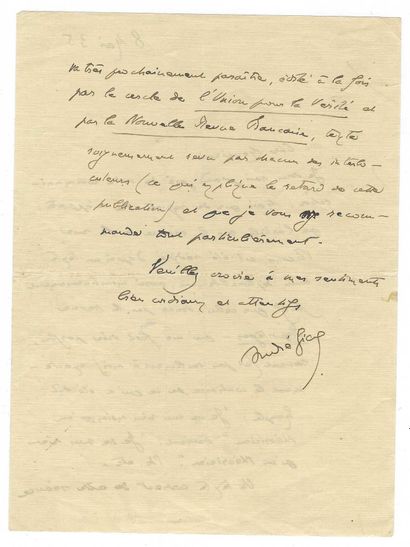 GIDE, André (1869-1951), écrivain français. L.A.S.，给一个"亲爱的先生"。1935年5月8日，1页半，共8页。
，信中涉及纪德在真理联盟辩论中的发言，他在发言中表达了自己对苏联的立场。"[......]我非常感谢你们的沟通。但是，它给我带来的遗憾是：关于维斯康蒂街会议的文章是根据《报告》杂志给出的文本写的，就像《报告》杂志给出的文本一样令人遗憾，一样是畸形的错误--这使我有时，经常（不仅是对我自己）说与所说的完全相反的话。例："我什么也不比理论家少"变成："我什么也不比理论家多"。等等，等等。本届会议的正确案文将很快出版，由真理联盟和《法国新评论》编辑，每一位对话者都仔细审查了这一案文[.]"。1935年1月23日，安德烈-纪德应邀到L'联盟为真理而战（又称道德行动联盟），解释他对苏联的立场。这些讨论由《法国新评论》以《安德烈-纪德与我们的时代》为题发表。第二年，纪德出版了《Retour...