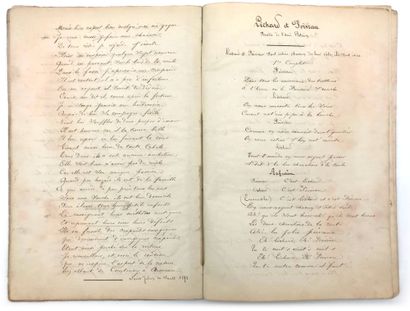 BRUANT, Aristide (1851-1925), chansonnier français. 题为"Chansons d'Aristide Bruand"的亲笔手稿[带"d"，因为他早年曾写过]。1871-1872.笔记本21页，对开。帆布底，纸板版。第一页和最后一页略有打湿。
，对《布吕朗》最早的歌曲文本进行了精心的书法清理。这些歌曲分别于1871年在考特尼和1872年在巴黎创作。每首歌曲的末尾都有创作的日期和地点。Faut...