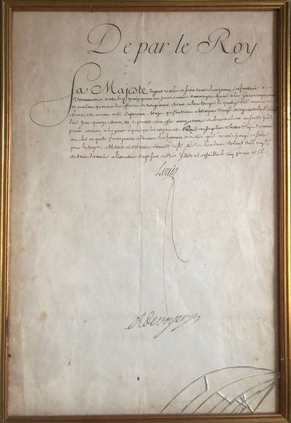 [LOUIS XV]. 一件署名"Louis"（秘书）的作品，由Paulmy侯爵（Voyer d Argenson）副署。凡尔赛，1756年2月5日，1页封皮。...