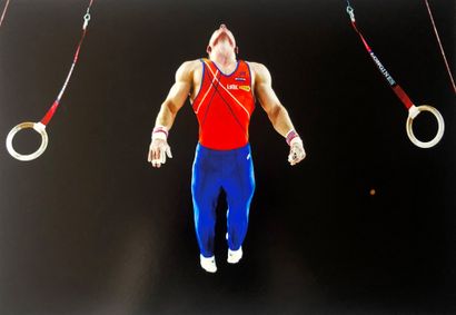null 体操；在第30届欧洲男子艺术体操锦标赛的吊环比赛中，荷兰体操运动员尤里-范格尔德。2012年5月22日，蒙彼利埃。美术印刷品，40 x 30厘米（包括...