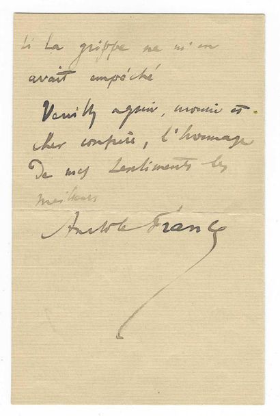 FRANCE, Anatole (1844-1924), écrivain français. 一套2份文件：
- L.A.S.，致艺术史学家Edmond Bonnaffé。巴黎]，1896年1月1日，3页，共12页。盖章AF头。信封上有邮票、邮戳和鎏金蜡印。褶皱中的泪水。"对不起，先生，也是亲爱的同事，这么久才感谢你送我这么有趣的书。我想先读一读，我可以告诉你，你又一次显示出自己是一个娴熟而睿智的探索者。你知道如何联系生活的艺术。这就是您的作品的价格，相信我几乎都知道。我特别推崇你的《福克特》，我已经重读了好几遍。我对你们这些文艺复兴时期的旅行者的品味也不低[......]"。
-...
