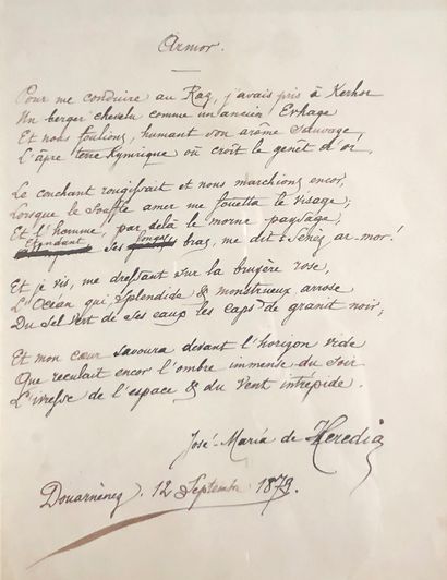 HEREDIA, José Maria de (1842-1905), poète. 签名为"Armor"的亲笔手稿。Douarnenez，1873年9月12日，1页大对开。旁白
发表于《Les...