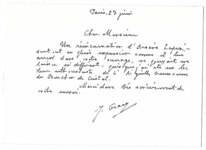 GRACQ, Julien (1910-2007), écrivain français. C.A.S.，给Jean-Claude Lamy。1988年6月27日，巴黎。1页，共16页。保留了亲笔签名的信封。
，Gracq是Arsène...