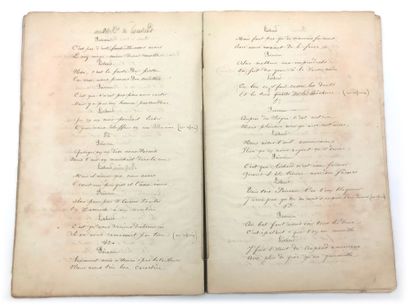BRUANT, Aristide (1851-1925), chansonnier français. 题为"Chansons d'Aristide Bruand"的亲笔手稿[带"d"，因为他早年曾写过]。1871-1872.笔记本21页，对开。帆布底，纸板版。第一页和最后一页略有打湿。
，对《布吕朗》最早的歌曲文本进行了精心的书法清理。这些歌曲分别于1871年在考特尼和1872年在巴黎创作。每首歌曲的末尾都有创作的日期和地点。Faut...