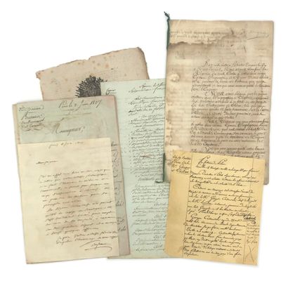 [PREMIER EMPIRE]. 
约39份文件。



《奥尔良新报》，1815年7月14日，关于拿破仑在罗什福尔被俘的麦克唐纳元帅（P.S.）。1798年，罗马），Champagny（签名手稿，关于组织摄政，Saint-Cloud，1813年，造币厂），Lavalette（关于Beauharnais侯爵的回归，从移民名单中删除，1802年），印刷了"1815年5月28日议程"，关于百日期间的Champ-de-mai仪式。"Le...
