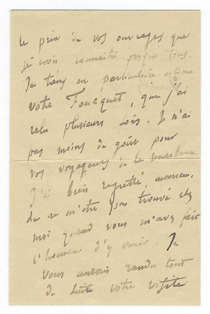 FRANCE, Anatole (1844-1924), écrivain français. 一套2份文件：
- L.A.S.，致艺术史学家Edmond Bonnaffé。巴黎]，1896年1月1日，3页，共12页。盖章AF头。信封上有邮票、邮戳和鎏金蜡印。褶皱中的泪水。"对不起，先生，也是亲爱的同事，这么久才感谢你送我这么有趣的书。我想先读一读，我可以告诉你，你又一次显示出自己是一个娴熟而睿智的探索者。你知道如何联系生活的艺术。这就是您的作品的价格，相信我几乎都知道。我特别推崇你的《福克特》，我已经重读了好几遍。我对你们这些文艺复兴时期的旅行者的品味也不低[......]"。
-...