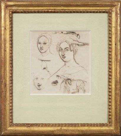 Eugène DELACROIX (1798-1863) Etudes de visages de femmes
Encre sur papier (légèrement...