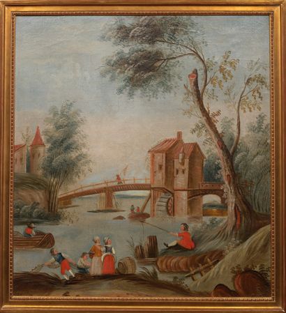 Ecole NAÏVE, vers 1800 Scène fluviale animée
Huile
72 x 65 cm