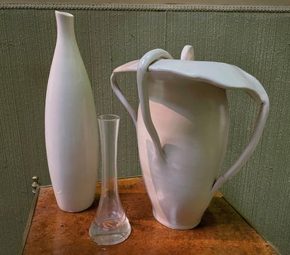 null Set of three ceramics and a glass soliflore.

A vase marked "Mag 17" (?)

A...