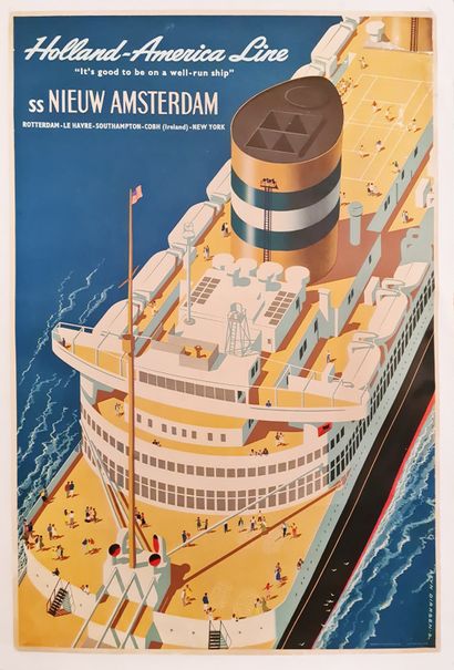 null DIRKSEN Reyn.荷兰-美洲航线。在一艘运行良好的船上，是一件好事。Ss Nieuw Amsterdam.1953.平版印刷海报。在荷兰印刷。Joh....