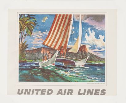 null 2张联合航空公司的海报：马林鱼钓鱼科纳海岸夏威夷，双体船航行在威基基。胶版印刷。没有提到打印机。盖，状况良好。32x41厘米和34.5x40厘米。
