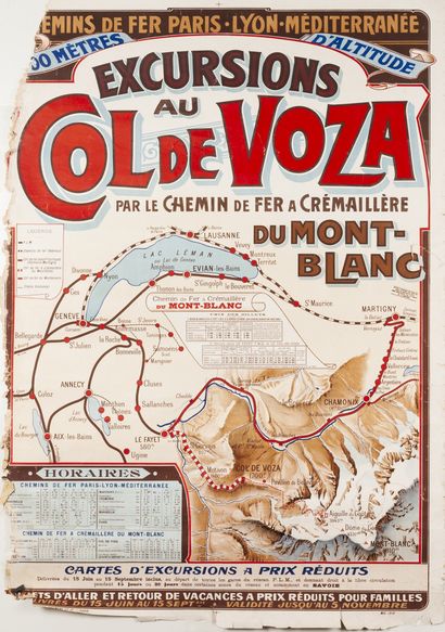null TRINQUIER-TRIANON Louis.铁路巴黎--里昂--地中海。勃朗峰铁路对Col de Volza的游览，1910年。平版印刷海报。Maulde...