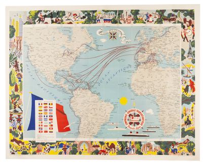 null COLIN Edouard.Compagnie Générale Transatlantique French Line线路图。1957.平版印刷海报。Blondel...