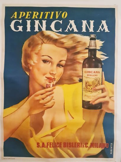 null 佚名。Aperitivo Gincana.大约在1950年。胶版海报。捅。提示：A.Nava Milano.封面，状况相当好：修复过的破损，中间褶皱的痕迹，重新上色，有纸质标记。136...