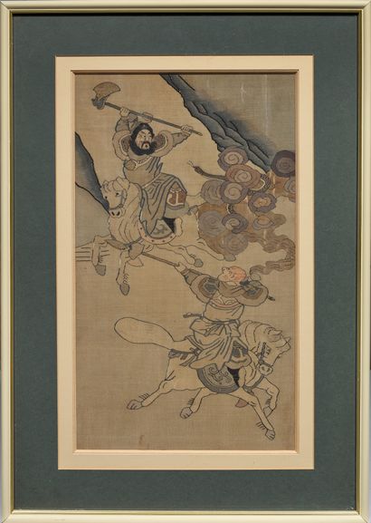 CHINE - Fin XIXe siècle Fragment de kesi en soie représentant deux cavaliers s'affrontant...