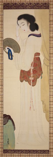 JAPON - Epoque MEIJI (1868 - 1912) Encre et couleurs sur soie, jeune femme se mirant...