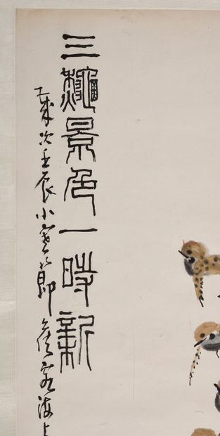 Wu Quanliang (XXe) Oiseaux et fleurs
Encre et couleurs sur papier
Dim. 203 x 69 ...