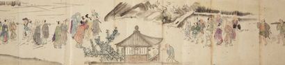 JAPON - XIXE SIÈCLE E-maki, encre et couleurs sur papier, figurant la route d'Edo...