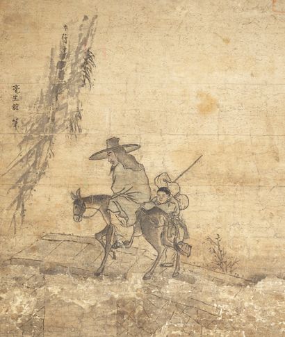 COREE - XIXE SIÈCLE Encre et couleurs sur papier, voyageur sur sa mule traversant...