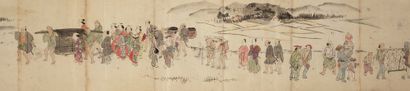 JAPON - XIXE SIÈCLE E-maki, encre et couleurs sur papier, figurant la route d'Edo...