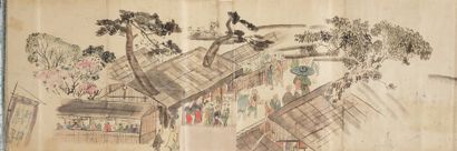 JAPON - XIXE SIÈCLE E-maki, encre et couleurs sur papier, figurant la route d'Edo...