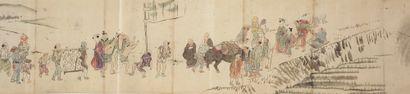 JAPON - XIXE SIÈCLE E-maki, encre et couleurs sur papier, figurant la route d'Edo...