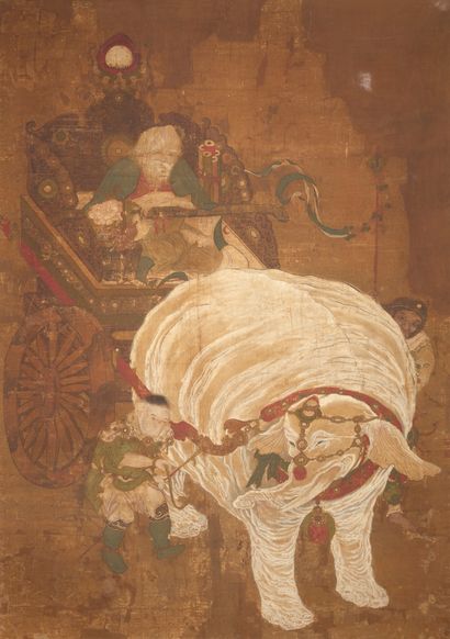 CHINE - Fin époque MING (1368 - 1644) Ink and colors on silk, Laozi seated in a cart...