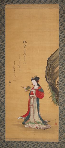 JAPON - Epoque EDO (1603 - 1868) Encre et couleurs sur soie, représentant une beauté...