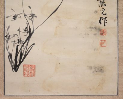 COREE - XIXE SIÈCLE Encre sur papier, orchidées et poème. (Taches et traces d'humidité)
Dim....