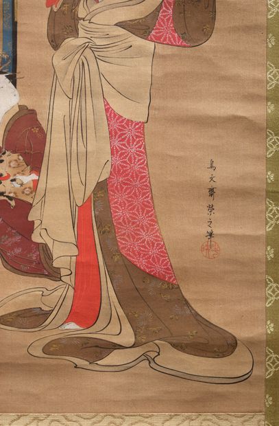 JAPON - Epoque EDO (1603 - 1868), XIXe siècle Peinture en hauteur, polychromie sur...