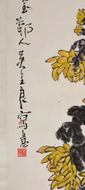Wu Quanliang (XXe) Oiseaux et fleurs
Encre et couleurs sur papier
Dim. 203 x 69 ...