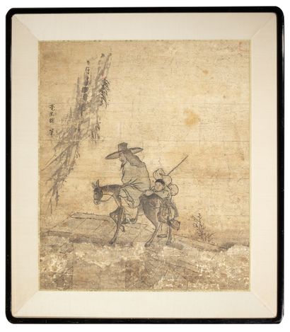 COREE - XIXE SIÈCLE Ink and colours on paper, traveller on his mule crossing a bridge,...
