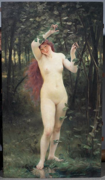 Pierre Franc LAMY (1855-1919) 
Femme nue debout
Huile sur panneau parqueté au dos,...