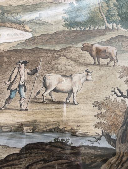 ECOLE HOLLANDAISE, vers 1800 
河边的牧羊人家庭
钢笔和黑灰墨水，水彩画
42 x 51.5 cm。