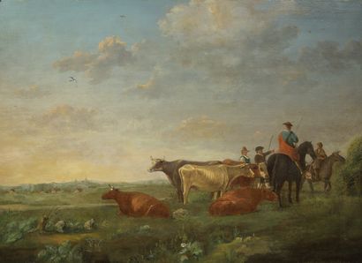 Ecole HOLLANDAISE, du XVIIIème siècle d'après Albert CUYP Paysage au troupeau, cavaliers...