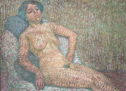 Ecole FRANÇAISE, du premier quart du XXème siècle 
Femme nue allongée
Huile sur toile
Non...