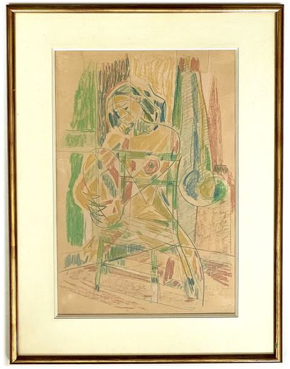 Jean CHEVOLLEAU (1924-1996) 
Nu à la pendule
Crayons et pastel sur papier bistre...