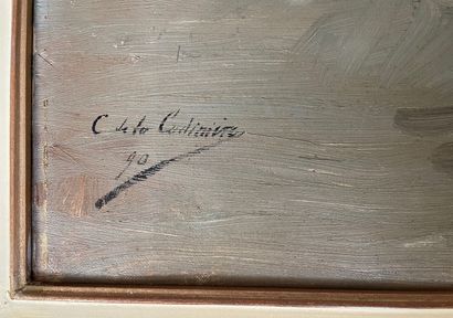 C de la CUDINIERE (?), XIXe siècle 
Breton appuyée sur un tonneau, 1890
Huile, signée...