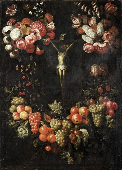 Ecole flamande, de la fin du XVIIème siècle 
Raisins et fruits autour du Christ en...