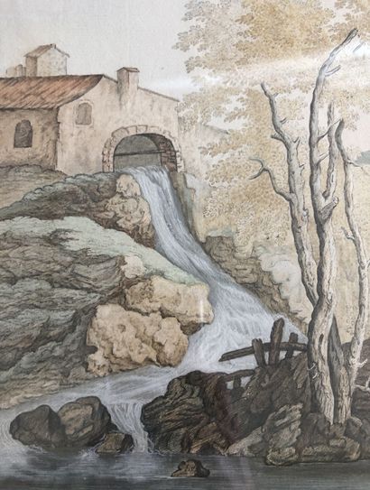 ECOLE HOLLANDAISE, vers 1800 
河边的牧羊人家庭
钢笔和黑灰墨水，水彩画
42 x 51.5 cm。