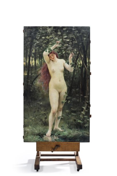 Pierre Franc LAMY (1855-1919) 
Femme nue debout
Huile sur panneau parqueté au dos,...