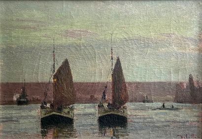 Joseph DELATTRE (1858-1912) 
Bateaux sur la Seine
Huile sur toile signée en bas à...