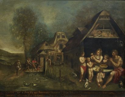 Ecole FLAMANDE, du XVIIème siècle suiveur de Martin de VOS The first ages of man
Pair...