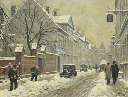 Paul Fischer (1860-1934) 


Snowy street



Oil on panel signed lower right



Stamped...